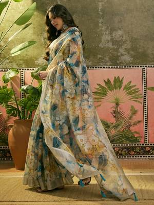 blue beige linen cotton blend floral digital printed saree 4
