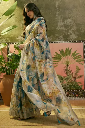 blue beige linen cotton blend floral digital printed saree