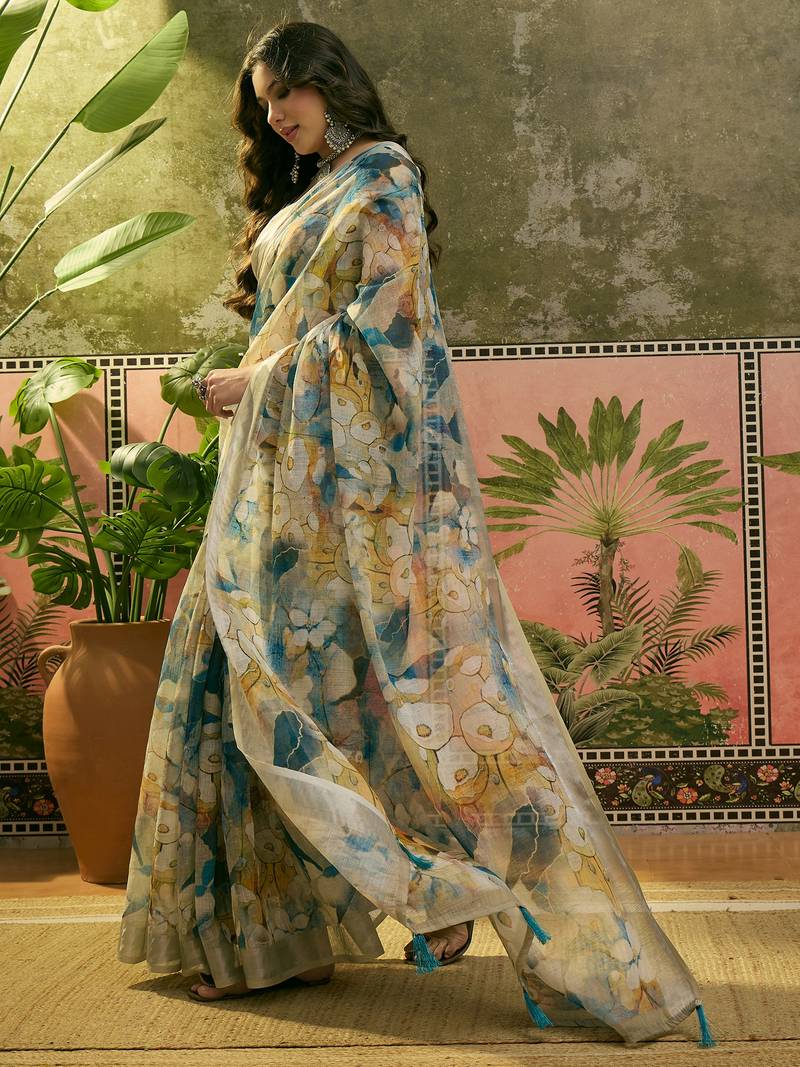 blue beige linen cotton blend floral digital printed saree