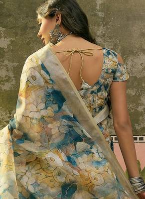 blue beige linen cotton blend floral digital printed saree 5