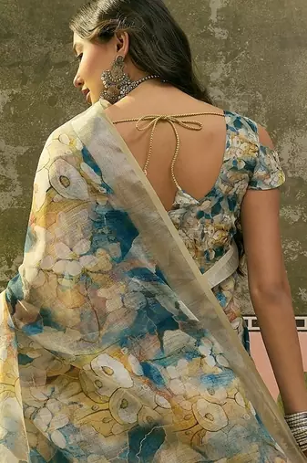 blue beige linen cotton blend floral digital printed saree
