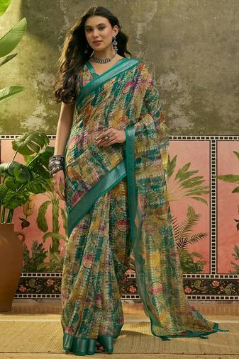green linen cotton blend abstract digital printed saree