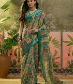 green linen cotton blend abstract digital printed saree