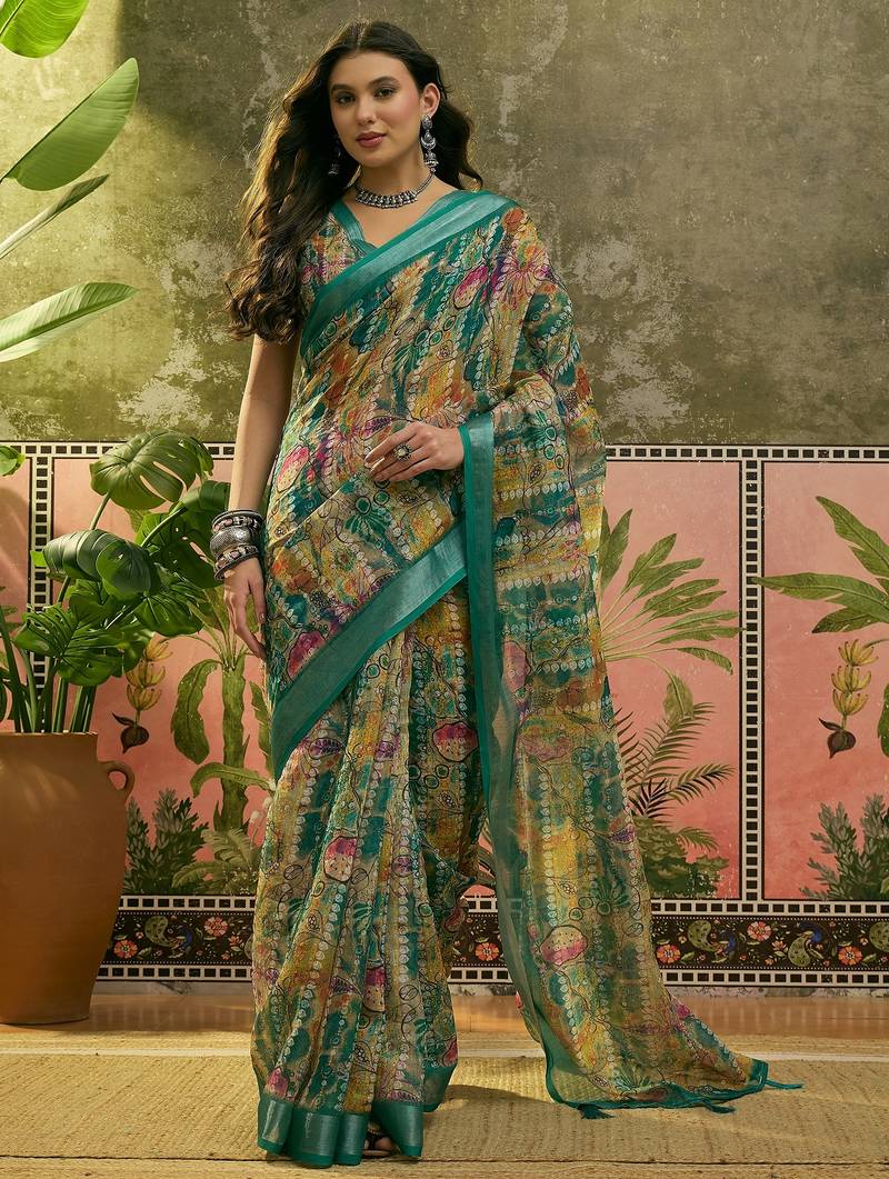 green linen cotton blend abstract digital printed saree