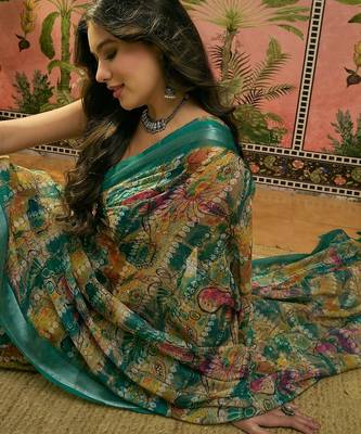 green linen cotton blend abstract digital printed saree 2