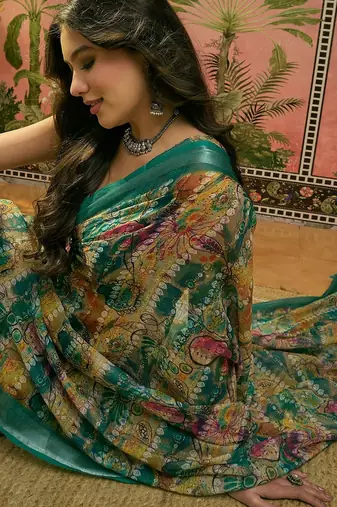 green linen cotton blend abstract digital printed saree