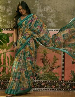 green linen cotton blend abstract digital printed saree 3