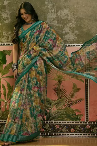 green linen cotton blend abstract digital printed saree