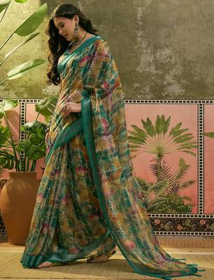 green linen cotton blend abstract digital printed saree 4