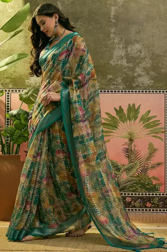 green linen cotton blend abstract digital printed saree
