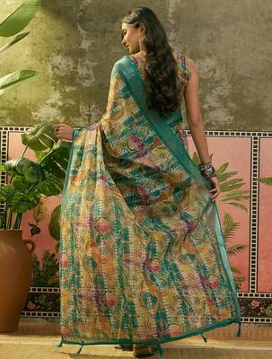 green linen cotton blend abstract digital printed saree 5