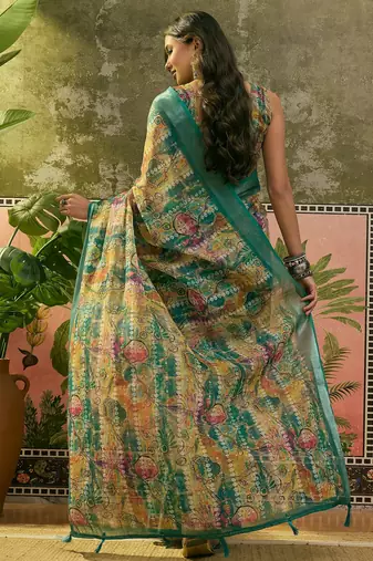 green linen cotton blend abstract digital printed saree
