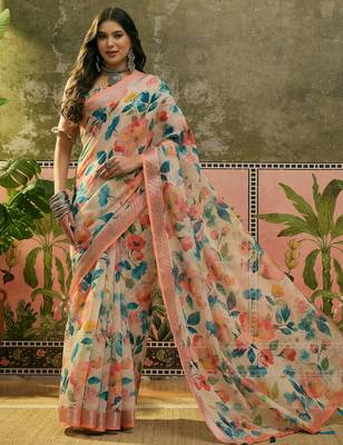 peach linen cotton blend floral digital printed saree 1
