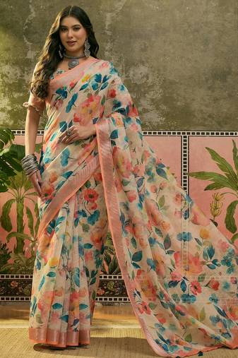 peach linen cotton blend floral digital printed saree