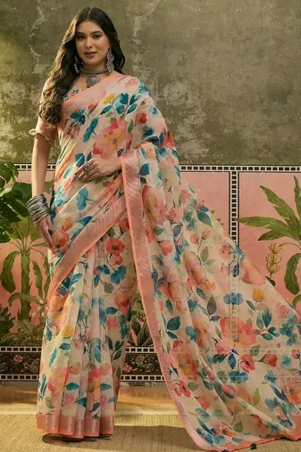 peach linen cotton blend floral digital printed saree