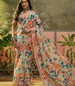 peach linen cotton blend floral digital printed saree