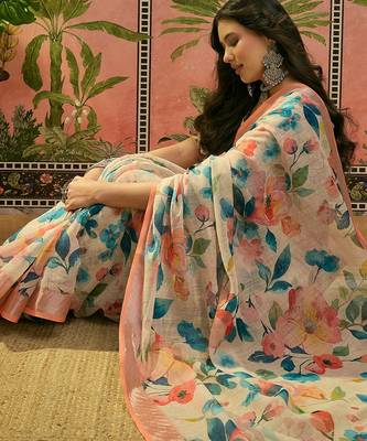 peach linen cotton blend floral digital printed saree 2