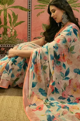 peach linen cotton blend floral digital printed saree