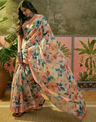 peach linen cotton blend floral digital printed saree 3