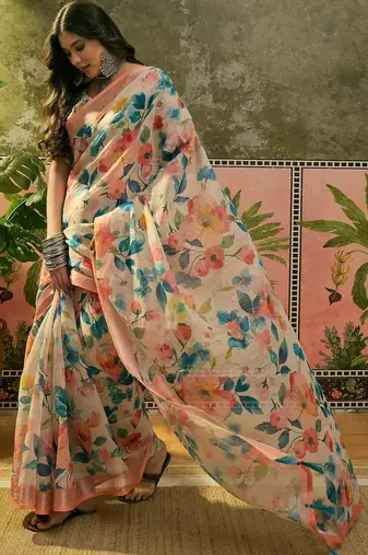 peach linen cotton blend floral digital printed saree