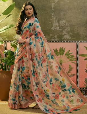 peach linen cotton blend floral digital printed saree 4