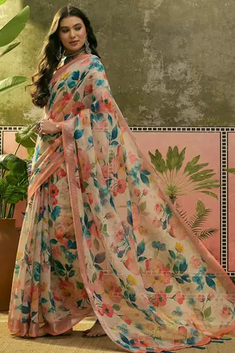 peach linen cotton blend floral digital printed saree