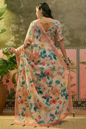 peach linen cotton blend floral digital printed saree
