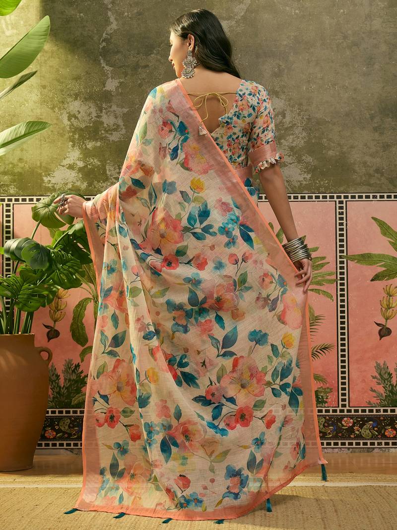peach linen cotton blend floral digital printed saree
