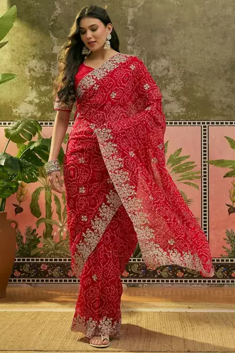 Red bandhani printed saree with embroidered border