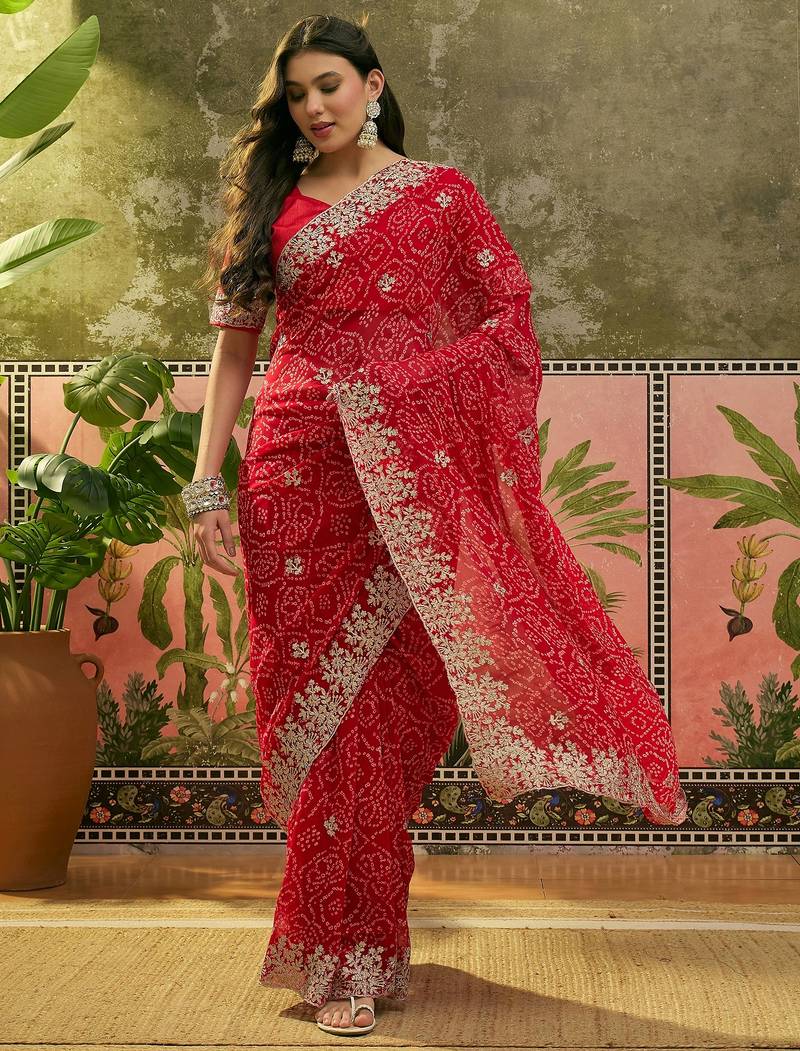 Red bandhani printed saree with embroidered border