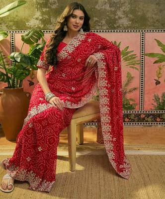 Red bandhani printed saree with embroidered border 2
