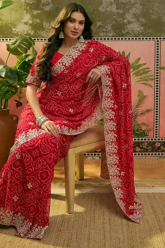 Red bandhani printed saree with embroidered border
