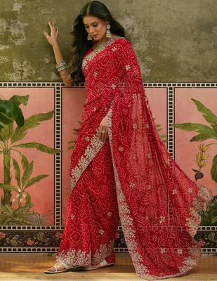 Red bandhani printed saree with embroidered border 3