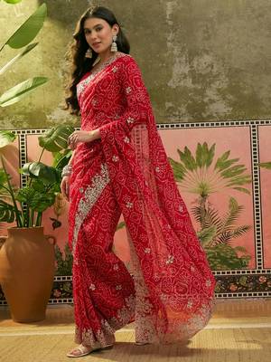 Red bandhani printed saree with embroidered border 4