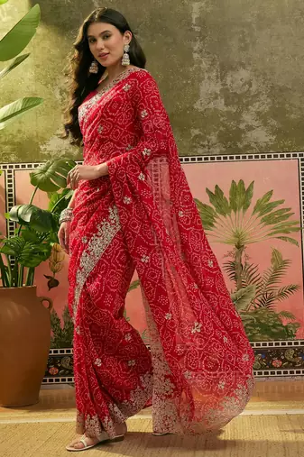 Red bandhani printed saree with embroidered border