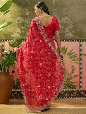 Red bandhani printed saree with embroidered border 5
