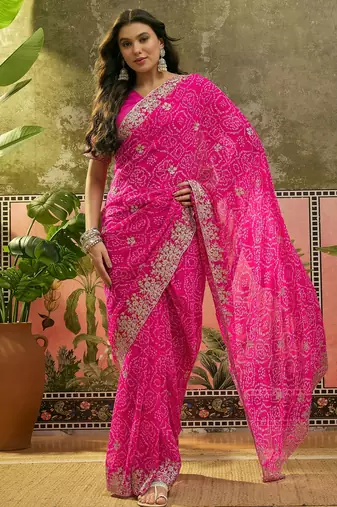 Pink bandhani printed saree with embroidered border
