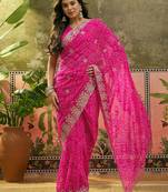 Pink bandhani printed saree with embroidered border