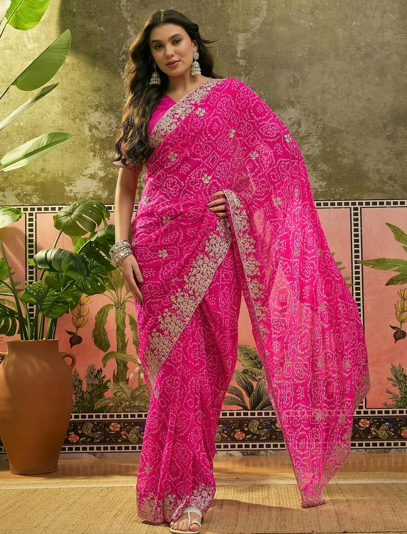 Pink bandhani printed saree with embroidered border