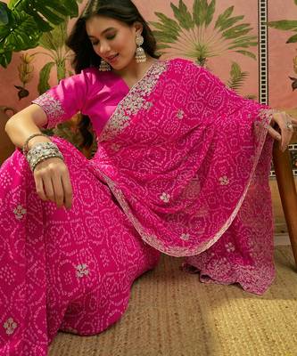 Pink bandhani printed saree with embroidered border 2