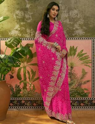 Pink bandhani printed saree with embroidered border 3