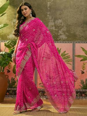 Pink bandhani printed saree with embroidered border 4