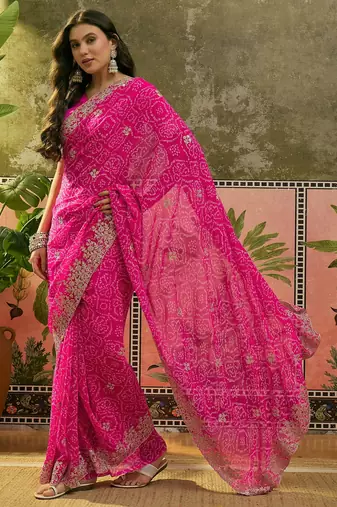Pink bandhani printed saree with embroidered border
