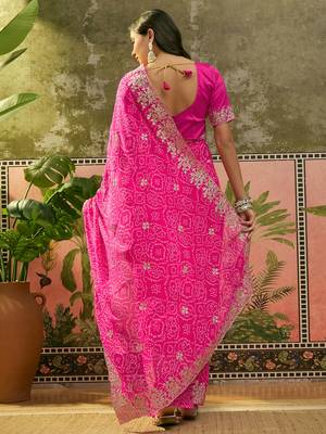 Pink bandhani printed saree with embroidered border 5