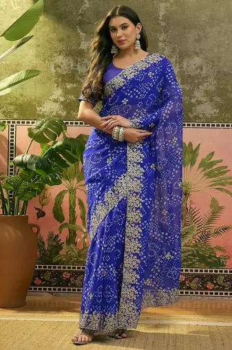 Blue bandhani printed saree with embroidered border