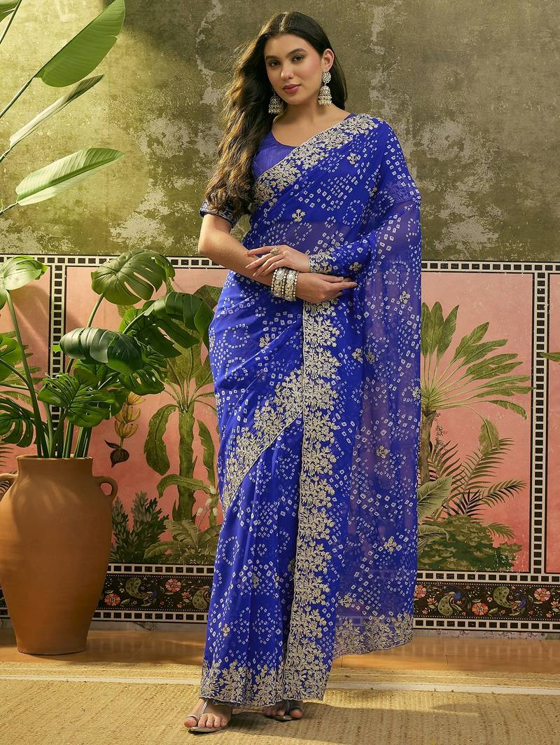 Blue bandhani printed saree with embroidered border
