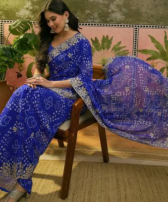 Blue bandhani printed saree with embroidered border 2