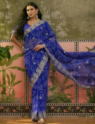 Blue bandhani printed saree with embroidered border 3