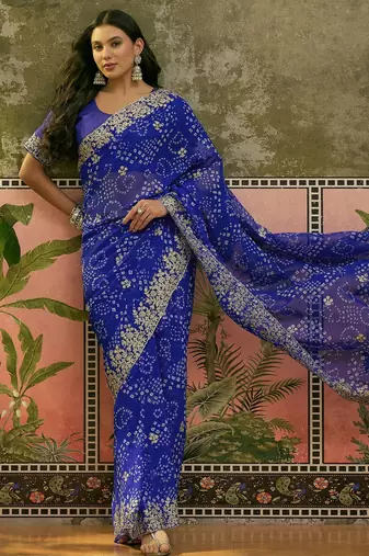 Blue bandhani printed saree with embroidered border