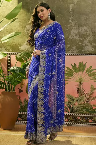 Blue bandhani printed saree with embroidered border